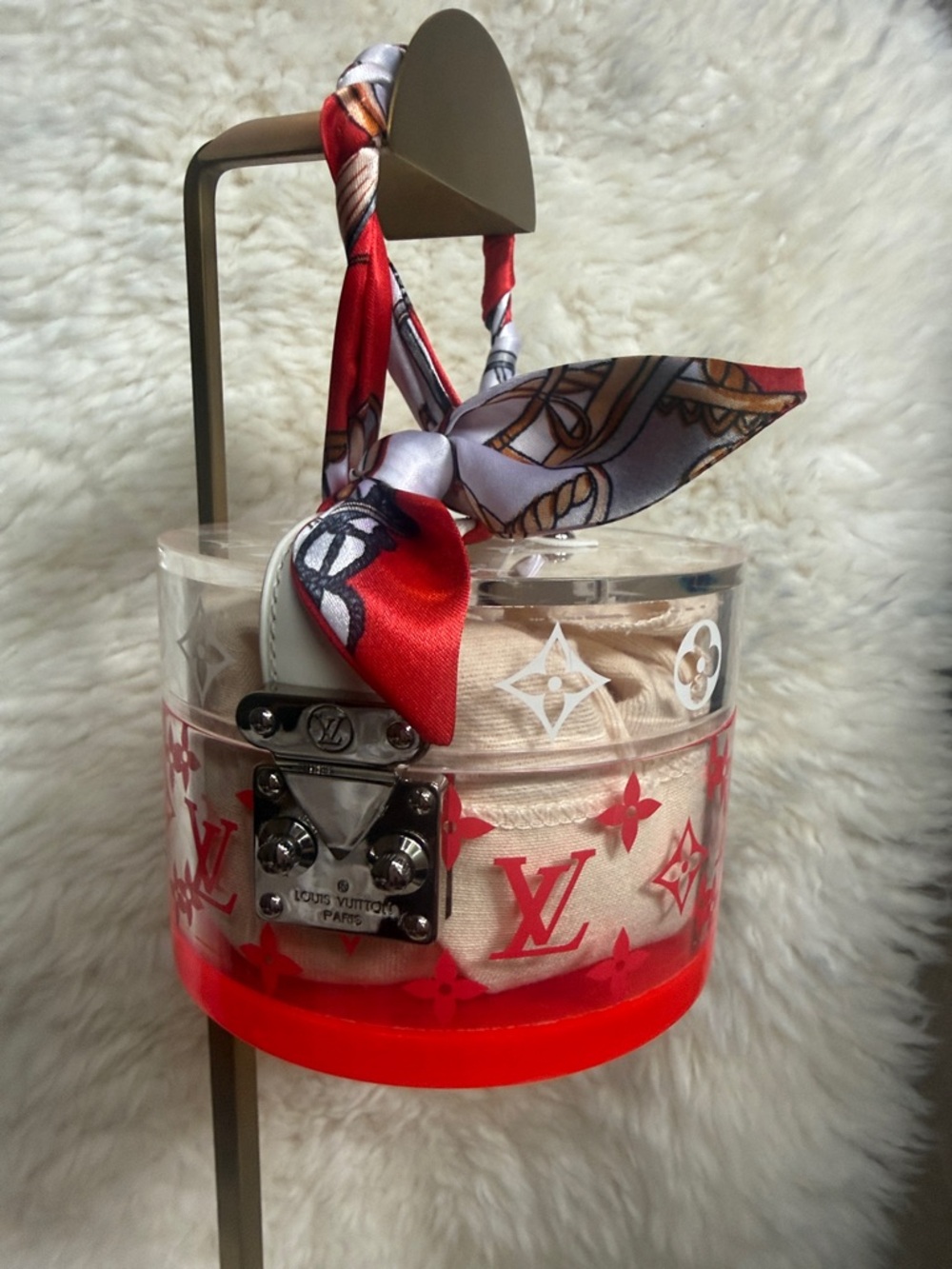 Louis Vuitton Clear Monogram Scott Case and Silk Scarf - White and Neon Red